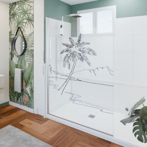 Cuisibane – Paroi de douche fixe en verre trempé 8mm – Largeur 140 cm – Hauteur 200 cm – Traitement anticalcaire – Design sérigraphié plage et palmier