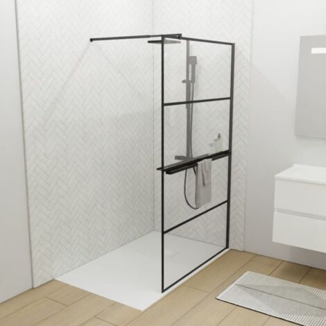 Cuisibane – Paroi de douche noir mat 110 cm – Verre trempé 8 mm – Étagère et porte-serviettes inclus – Système Stop Water pour étanchéité