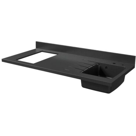 Cuisibane – Plan de travail en quartz 140 cm – Évier à droite – Crédence arrière moulée 10 cm – Découpe pour plaque de cuisson 49,7 x 28,1 cm