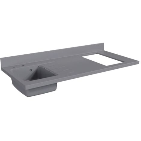 Cuisibane – Plan de travail monobloc en quartz 140 cm – Évier à gauche – Vidage de trop plein intégré – Crédence arrière moulée 10 cm