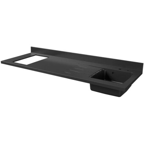 Cuisibane – Plan de travail monobloc en quartz 180 cm – Couleur Nero – Évier à droite – Résistant jusqu'à 140°C – Bonde et siphon inclus