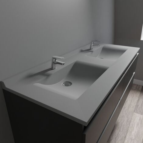Cuisibane – Plan double vasque en résine de synthèse gris – Dimensions L 140 cm x P 55 cm x Ep. 2 cm – Dosseret 3 cm pour prévention des infiltrations