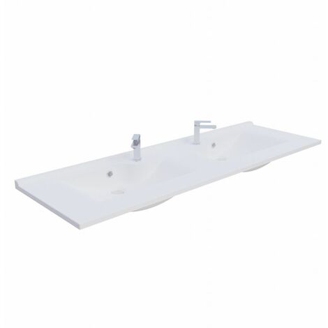 Cuisibane – Plan double vasque rectangulaire 140 cm – Résine de synthèse blanche – Dosseret 1,5 cm – Pour meubles de salle de bain 46 cm de profondeur
