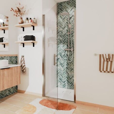 Cuisibane – Porte de douche pivotante 80 cm – Verre securit 6 mm anticalcaire – Charnière relevable – Système Stop Water pour étanchéité