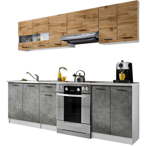 Cuisine Bigo 7 éléments - finition bas BETON haut BOIS 240 cm