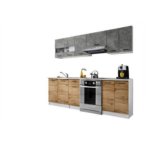 Cuisine Bigo 7 éléments - finition bas BOIS haut BETON 240 cm