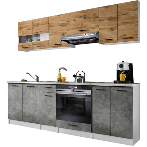 Cuisine Bigo 8 éléments - finition bas BETON haut BOIS 240 cm