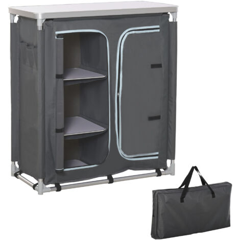 Cuisine camping 2 sections étagère 3 niveaux aluminium tissu 96x49,5x104 cm gris
