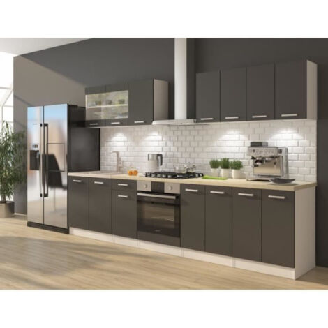 Cuisine complète 10 éléments avec meuble four et plan de travail inclus L 300 cm – Finition gris mat – Dimensions H 196 cm, P 60 cm