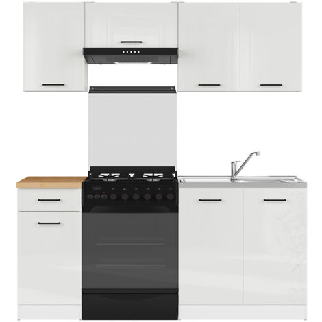 Cuisine complète 180 cm,Ensemble de meuble de cuisine coloris Blanc/Craie brillant, plan de travail coloris Chêne doré inclus