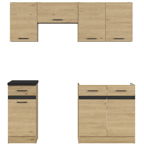 Cuisine complète 180 cm,Ensemble de meuble de cuisine coloris Chêne berstein, plan de travail noir inclus