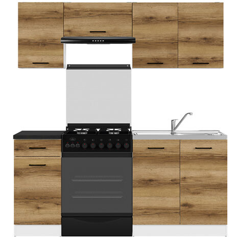 Cuisine complète 180 cm,Ensemble de meuble de cuisine coloris Chêne delano/Blanc, plan de travail Noir inclus