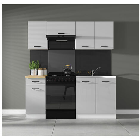 Cuisine complète 180 cm,Ensemble de meuble de cuisine coloris gris clair brillant, sans plan de travail