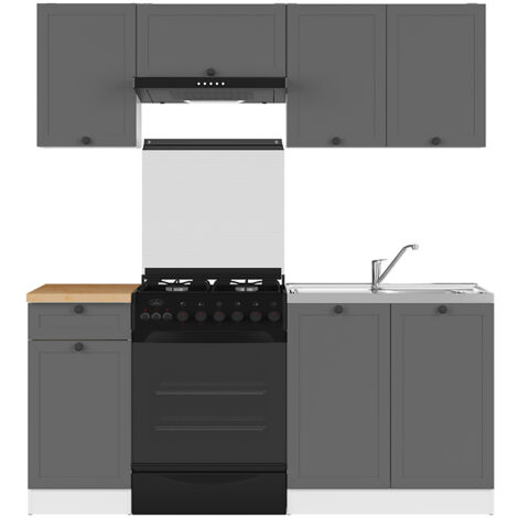 Cuisine complète 180 cm,Ensemble de meuble de cuisine coloris gris graphite/blanc, plan de travail coloris Chêne doré inclus