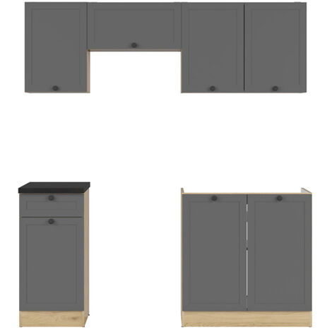 Cuisine complète 180 cm,Ensemble de meuble de cuisine coloris Gris graphite/Chêne graphite, plan de travail noir inclus