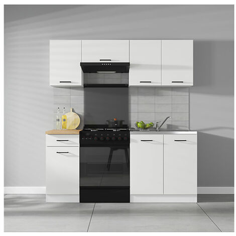 Cuisine complète 180 cm,Ensemble de meuble de cuisine finition Blanc laquée craie, sans plan de travail