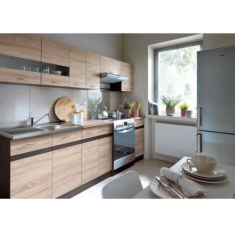 Cuisine complète 240 cm – 7 éléments – Panneaux de particules décor chêne sonoma – Plans de travail 40 et 60 cm inclus