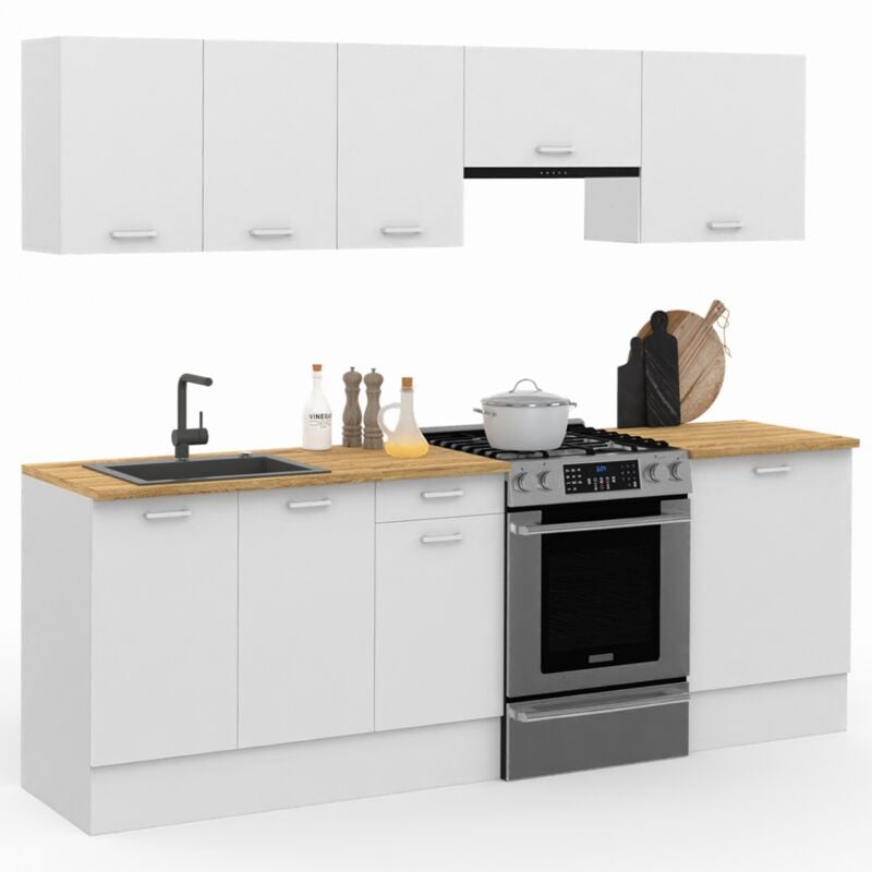 Cuisine complète 240 cm subtil avec plan de travail 7 éléments blanc et plateaux bois
