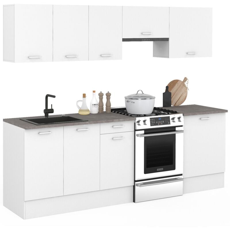 Cuisine complète 240 cm subtil avec plan de travail 7 éléments blanc et plateaux effet béton