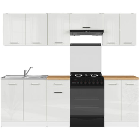 Cuisine complète 240 cm,Ensemble de meuble de cuisine coloris blanc/Craie brillant, plan de travail coloris Chêne doré inclus