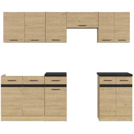 Cuisine complète 240 cm,Ensemble de meuble de cuisine coloris Chêne berstein, plan de travail noir inclus
