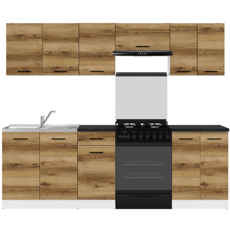 Cuisine complète 240 cm,Ensemble de meuble de cuisine coloris Chêne delano/Blanc, plan de travail noir inclus