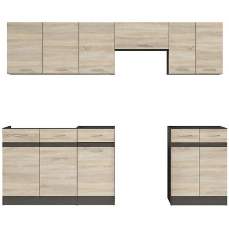 Cuisine complète 240 cm,Ensemble de meuble de cuisine coloris chêne Sonoma/Marron, plan de travail inclus