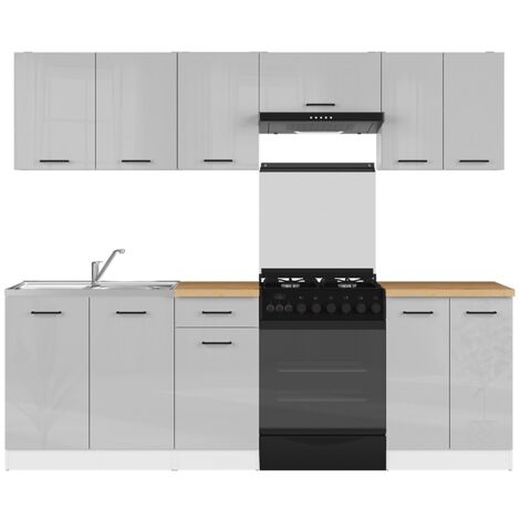 Cuisine complète 240 cm,Ensemble de meuble de cuisine coloris gris clair brillant/blanc, plan de travail coloris Chêne doré inclus