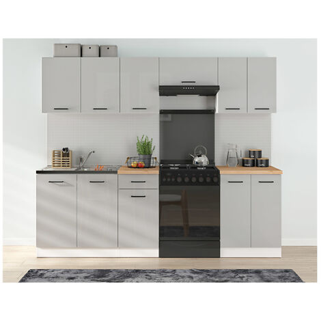 Cuisine complète 240 cm,Ensemble de meuble de cuisine coloris gris clair brillant, sans plan de travail