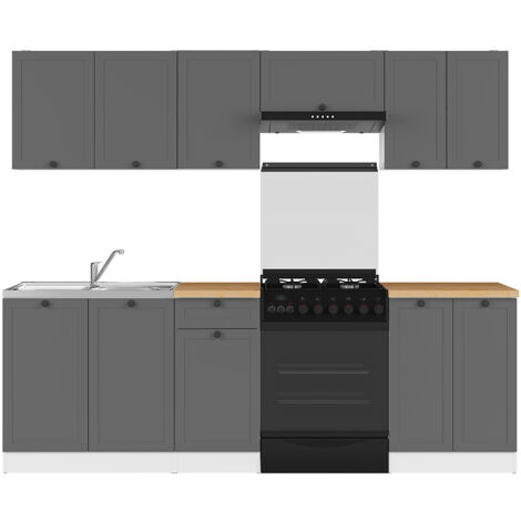 Cuisine complète 240 cm,Ensemble de meuble de cuisine coloris gris graphite/blanc, plan de travail coloris Chêne doré inclus