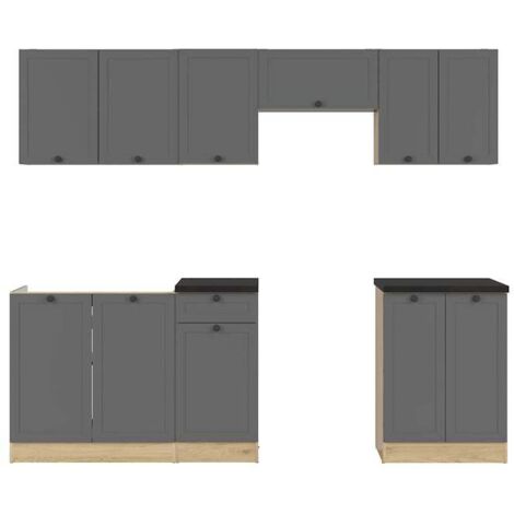 Cuisine complète 240 cm,Ensemble de meuble de cuisine coloris Gris graphite/Chêne graphite, plan de travail noir inclus