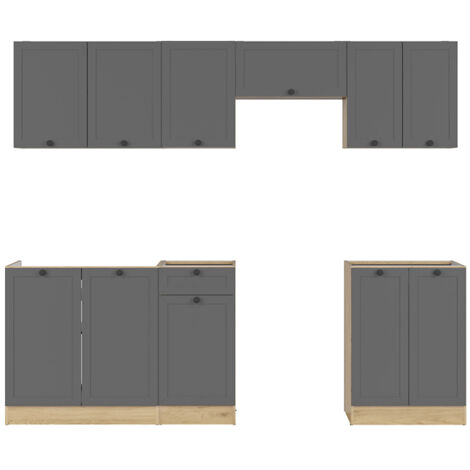 Cuisine complète 240 cm,Ensemble de meuble de cuisine coloris Gris graphite/Chêne graphite, plan de travail non inclus