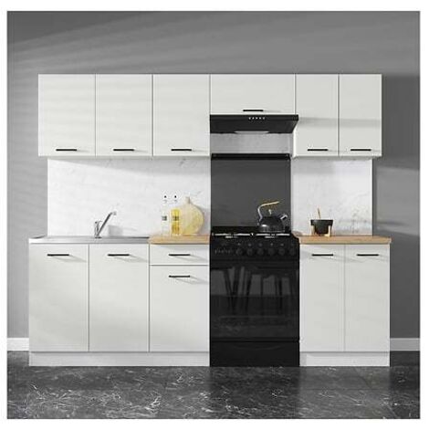 Cuisine complète 240 cm,Ensemble de meuble de cuisine finition Blanc laquée craie, sans plan de travail