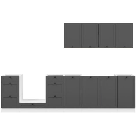Cuisine complète 300 cm,Ensemble de meuble de cuisine coloris Blanc/Gris graphite, plan de travail non inclus