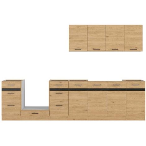 Cuisine complète 300 cm,Ensemble de meuble de cuisine coloris Chêne bernstien, plan de travail non inclus