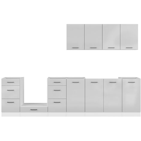 Cuisine complète 300 cm,Ensemble de meuble de cuisine coloris Gris clair brillant/Blanc, plan de travail non inclus