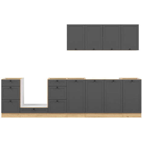Cuisine complète 300 cm,Ensemble de meuble de cuisine coloris Gris graphite/Chêne bernstien, plan de travail non inclus