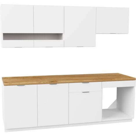 Cuisine complète - Avec plan de travail 200 cm - Blanc et Naturel - CARMEO