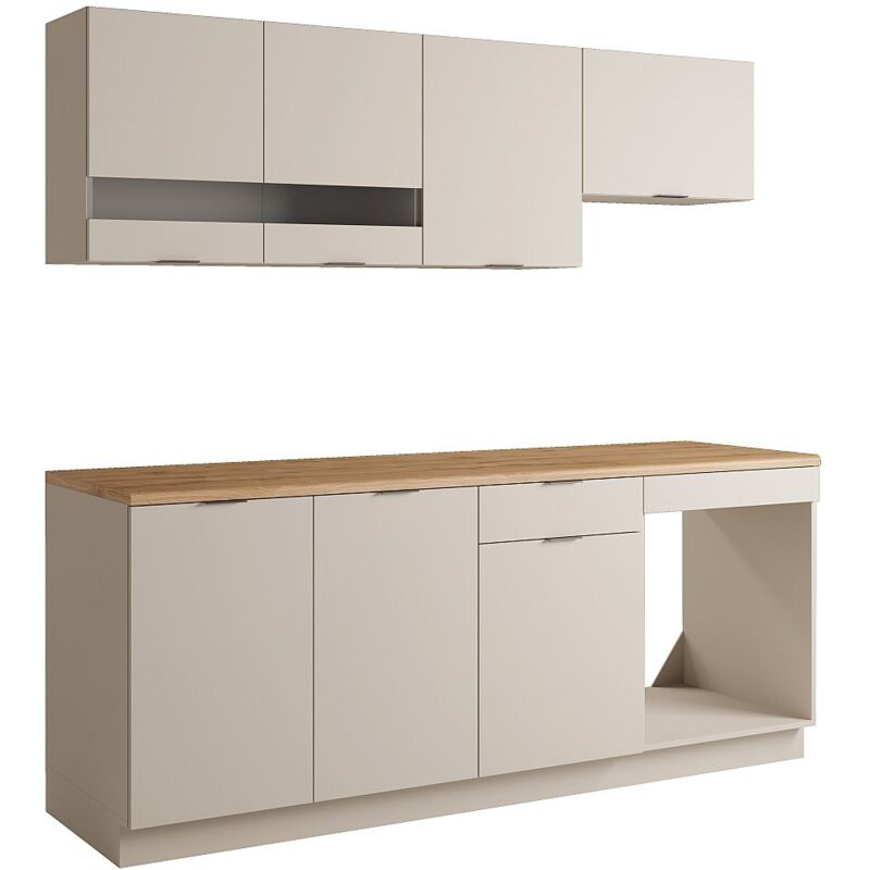 Vente-Unique – Cuisine complète 200 cm – Plan de travail beige et naturel – 6 éléments de rangement – Résistant à l'eau et à la chaleur