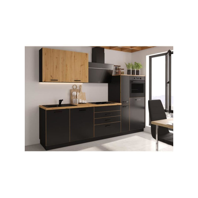 Sans Marque - Cuisine complete aya - Décor noir - l 280 x p 60 x h 214 cm - Plan de travail inclus