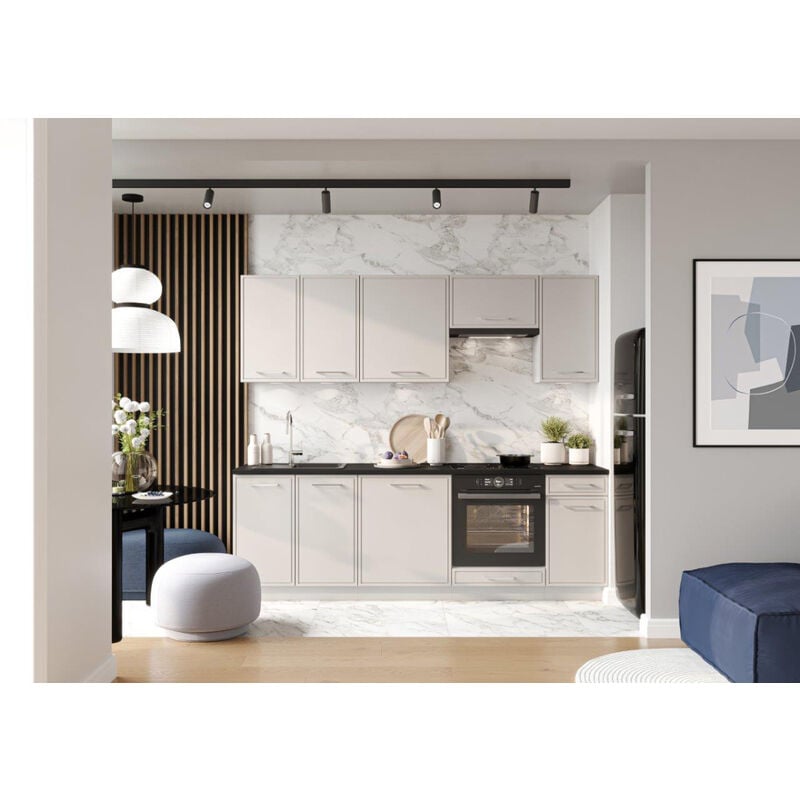 Cuisine complète Bora 8 éléments couleur beige mat avec plan de travail inclus - Longueur 240 cm