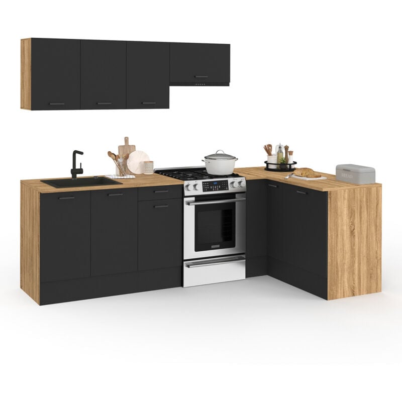 Cuisine complète d'angle 400 cm subtil avec plan de travail 7 élements bois et noir