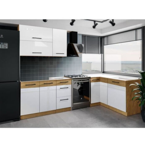 Cuisine complète d'angle en mélaminé chêne Lancelot et gris matera – Dimensions 270 x 150 cm – Meubles sous évier et tiroirs inclus
