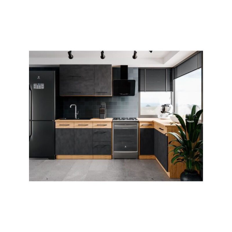 Cuisine complete d'angle ROCK 268 x 148 cm - Angle réversible - Décor chene et gris matera - Plan de travail non inclus