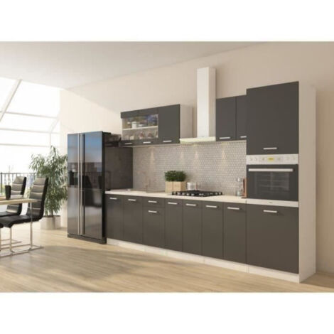 Cuisine complète gris mat avec colonne four – L 300 cm – 9 éléments – Panneaux de particules mélaminés – Fabrication européenne
