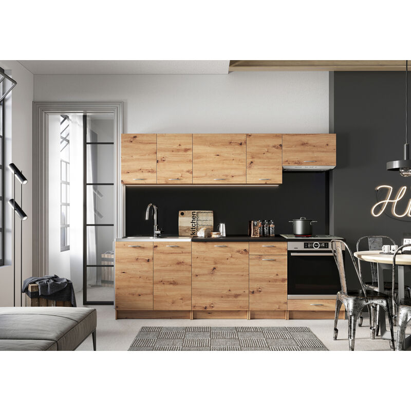 Cuisine complète mila 8 éléments couleur chêne Artisan avec plan de travail inclus - Longueur 240 cm