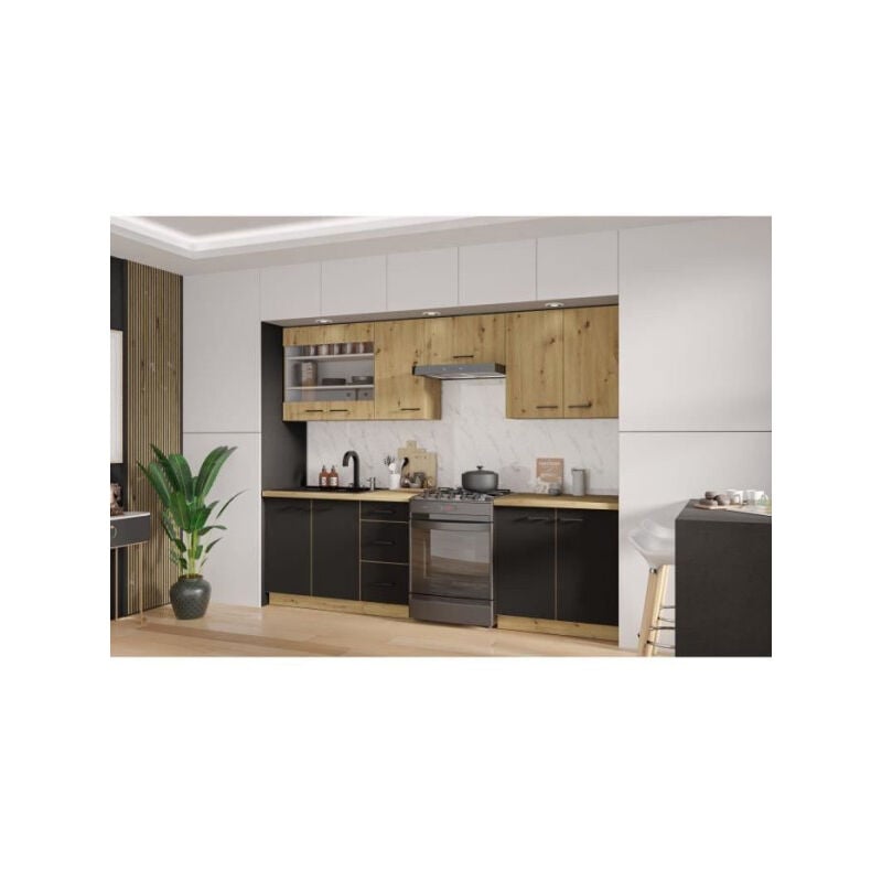 MODENA - Cuisine complete - 260 x 52 x 82 cm - Chene artisan / Noir mat - Plan de travail non inclus