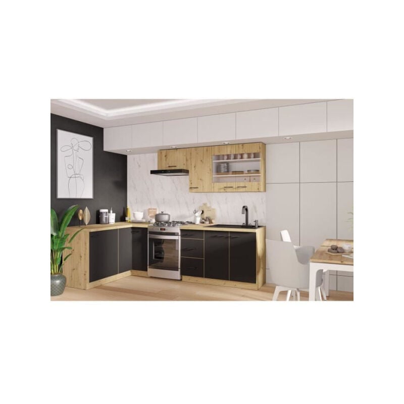 Modena - Cuisine complete - 210 x 150 x 82 cm - Chene artisan / Noir mat - Plan de travail non inclus