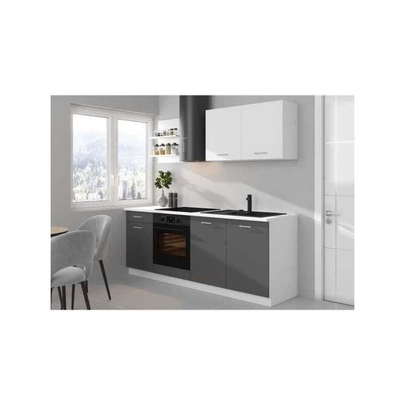 Cuisine complete prego - l 210 cm - Décor gris Graphit - Plan de travail 210 cm inclus
