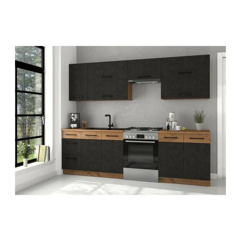 Cuisine complete ROCK 7 éléments - Décor chene lancelot et gris matera - L260 x P 52 x H82 cm